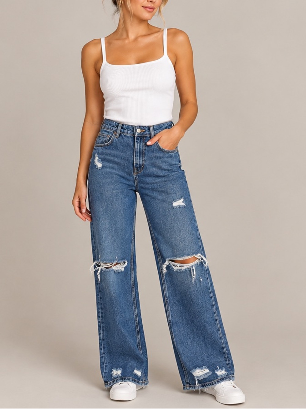 Zara Jeans Women Size 6 Blue Distress Medium Wash Long Denim Pants High Waist
